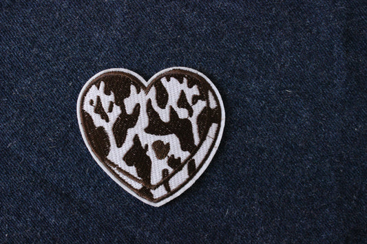 Brown Cow Print Love Heart Iron on Patch